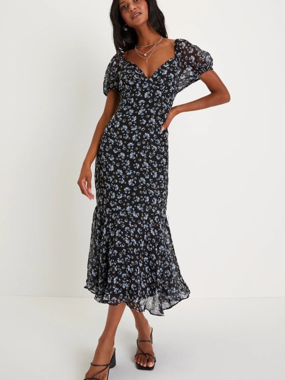 Lulus Gorgeous Inspiration Black Floral Puff Sleeve Midi Dress Size S